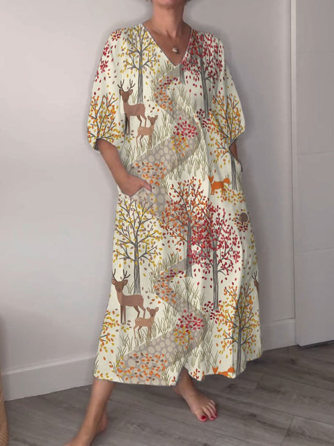 Autumn Path and Deer Decorative Pattern Pocket V-neck Cotton Dress