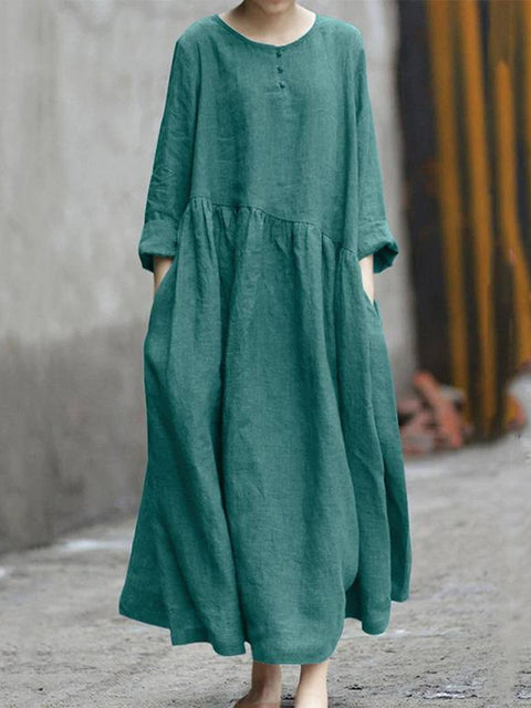 Women's Stylish Casual Loose Long Sleeve Solid Color Cotton And Linen Irregular Pocket Dress