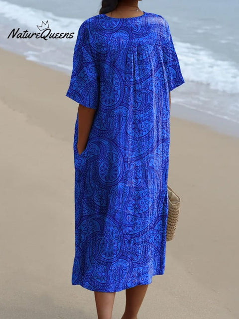 Ethnical Style Blue Paisley Pattern Printed Women's Flowy Dress