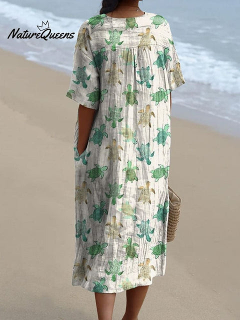 Little Sea Turtle Pattern Printed Women's Flowy Dress