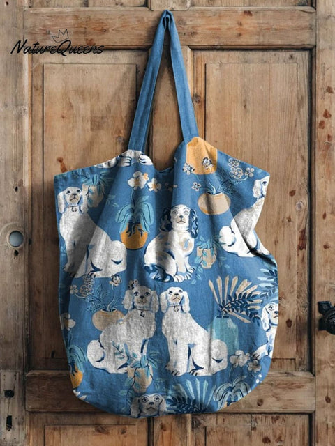 Lovely Dogs Floral Art Print Casual Linen Tote Bag