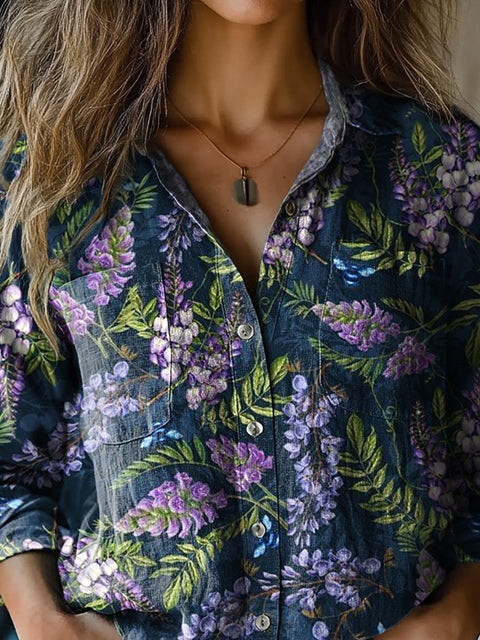 Lavender Repeat Pattern Printed Women's Casual Long Sleeve Comfortable Cotton Shirt
