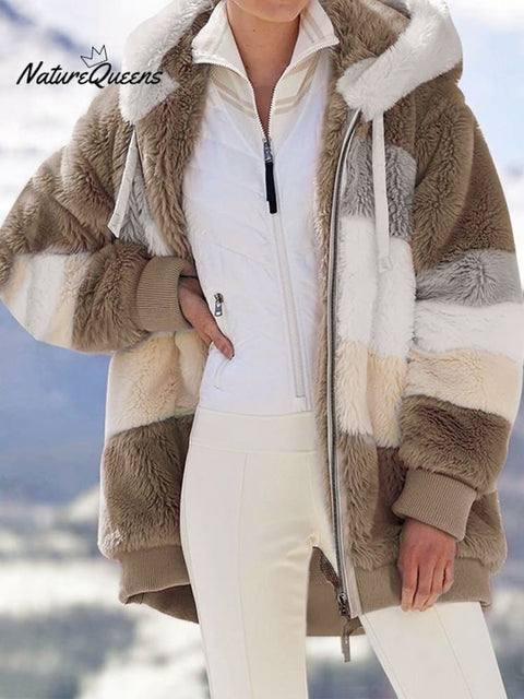 Autumn and Winter Loose Plush Multicolor Hooded Jacket
