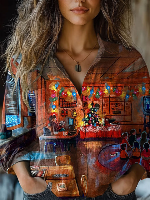 Women's Retro Christmas Holiday Print  Casual Long Sleeve Comfortable Cotton Shirt