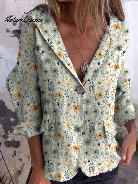 Lovely Meadows Floral Pattern Printed Women's Cotton Linen Jacket Blazer