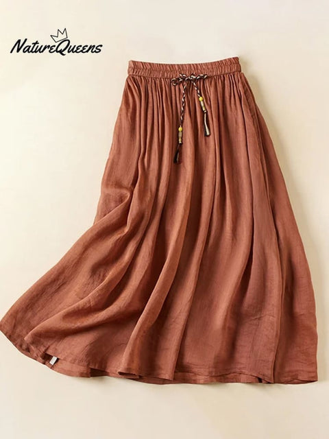 Women's Literary Loose Elasticated Waist Midi Midi A-line Skirt