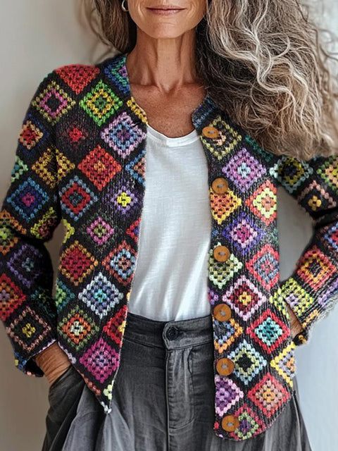 Multicolor Crochet Pattern Printed Buttoned Cardigan Sweater