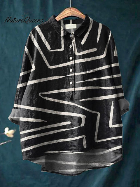 Black And White Geometric Line Pattern Printed Women's Casual Cotton And Linen Shirt