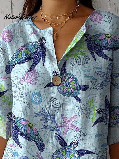 Sea Turtle And Coral Reef Pattern Printed Women's Casual Cotton Linen Shirt