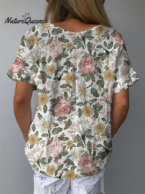 Retro Style Romantic French Garden Pattern Printed Women's Casual Cotton And Linen Shirt