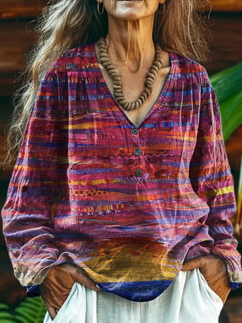 Sunset Afterglow Quilt Art Printed Women's Casual Long Sleeve Comfortable Cotton V-Neck Shirt