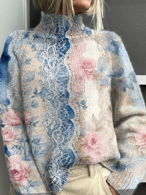 Blue Lace Flowers Print Knit Turtleneck Pullover Sweater
