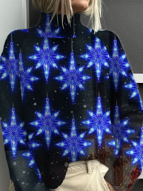 Snowflakes Glitter Christmas Print Knit Turtleneck Pullover Sweater