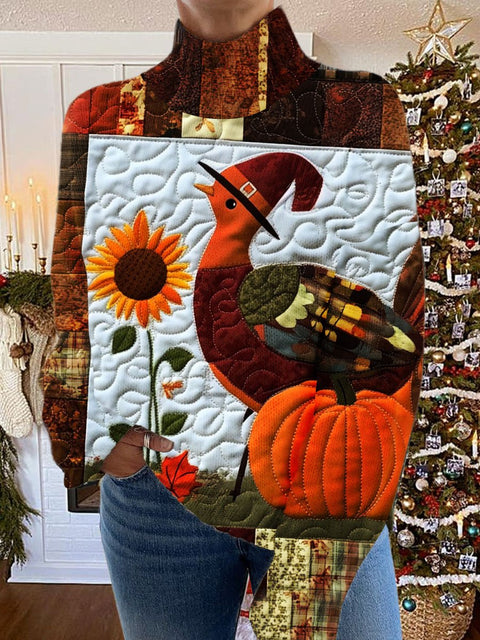 Turkey Art Print Knit Turtleneck Pullover Sweater