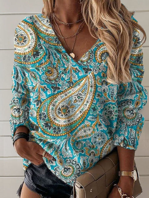 Retro Flowers  Art Print Knit V-neck Pullover Sweater