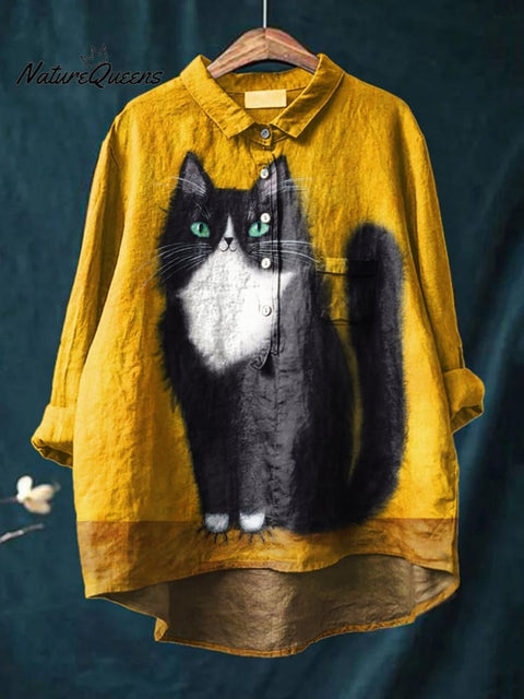 Women's Cat  Art Print Casual Cotton And Linen Shirt