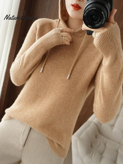 Women's Stylish Casual Long Sleeve Solid Color Hooded Loose Wool Knitted Sweater