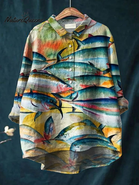 Women's Fish  Art Print Casual Cotton And Linen Shirt