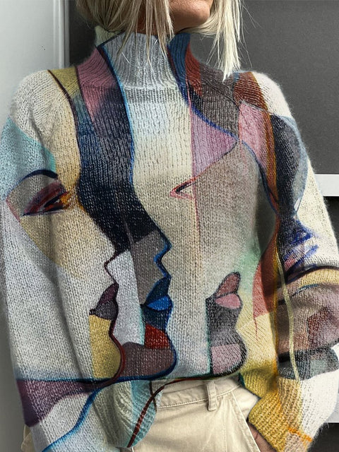 Retro Abstract Face Art Painting Print Knit Turtleneck Pullover Sweater