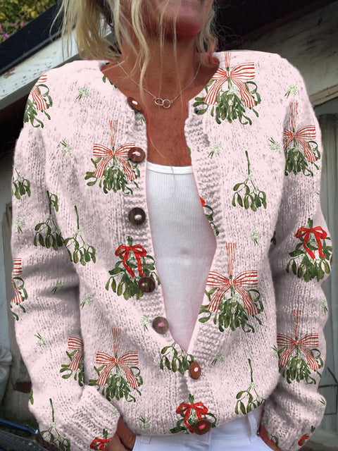 Pink Christmas Wreath Print Buttoned Cardigan Sweater