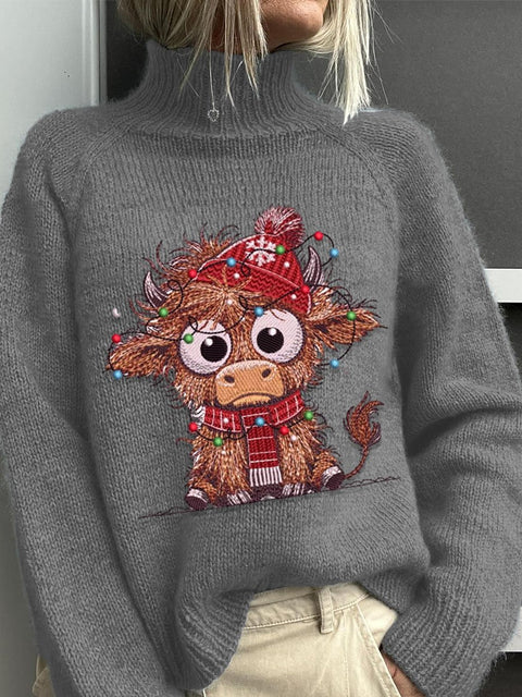 Embroidery  Highland Cow  Christmas Art Print Knit Turtleneck Pullover Sweater