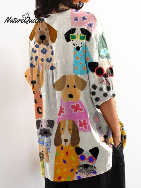 Women's Colorful Cartoon Funny Puppy Print Casual Cotton And Linen Shirt