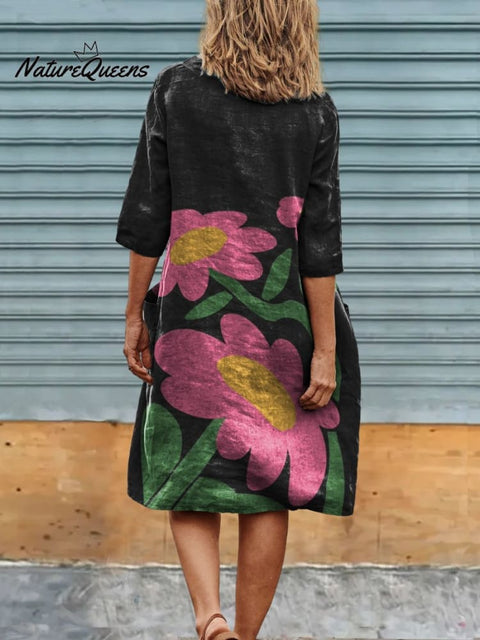 Cute Little Pink Flowers Print Womens Linen Pocket Tunic Dress