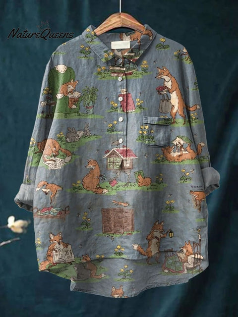 Women's Library Foxes Print Casual Cotton And Linen Shirt
