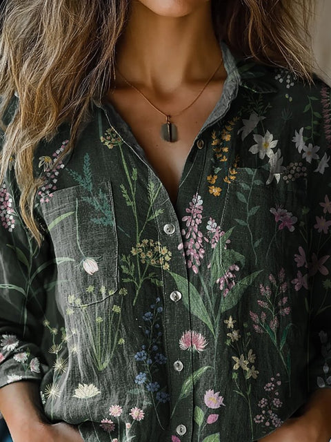 Spring Meadows Floral Pattern Printed Women's Casual Long Sleeve Comfortable Cotton Shirt