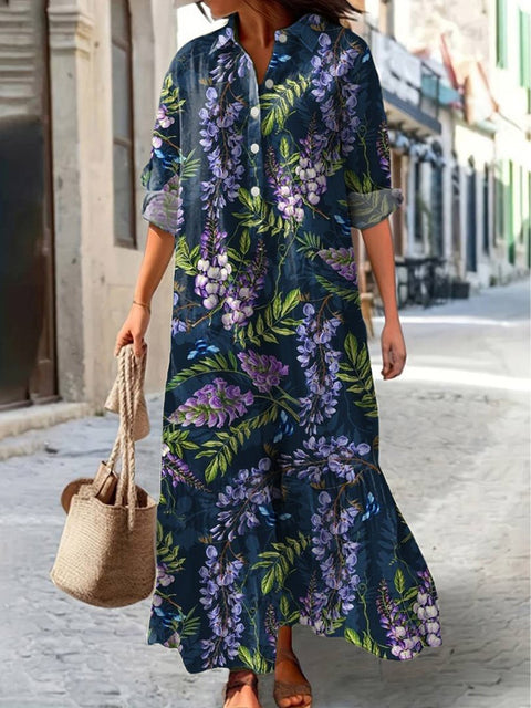 Lavender Repeat Pattern Printed Women's Pocket Cotton Dress