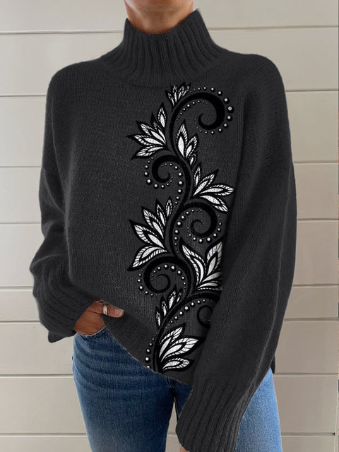 Black Simple Floral Pattern Print Knit Turtleneck Pullover Sweater