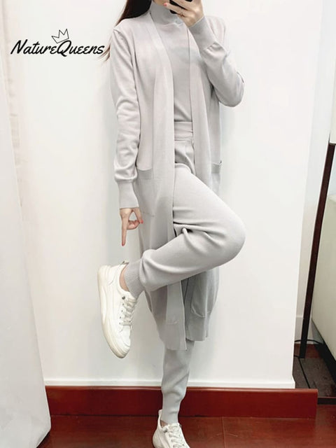 Temperament Suit Women's Casual Knitted Cardigan Vest Pants Three-piece Set