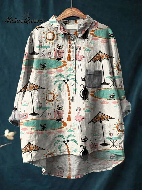 Women's Fun Vacation Brown Tree Black Cat Print Casual Cotton And Linen Shirt