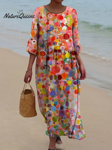 Women's Retro Color Polka Dots Art  Print Pocket Cotton Dress