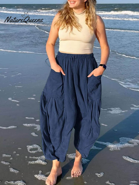 Women's Stylish Casual Fashionable Elastic Waist Loose Cotton Linen Pants