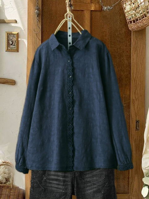 Women's  Embroidery Solid Color Cotton And Linen Casual Shirt