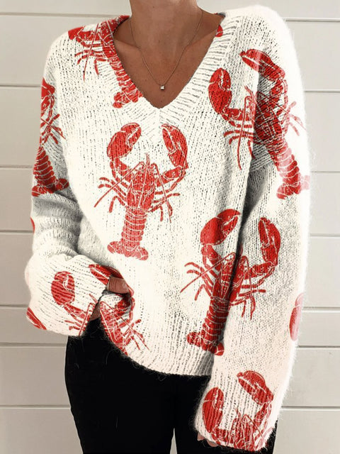 Lobster Decorative Pattern Casual V-neck Pullover Knit