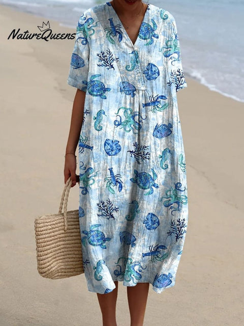 Ocean Blue Sea Creatures Pattern Printed Women's Flowy Dress