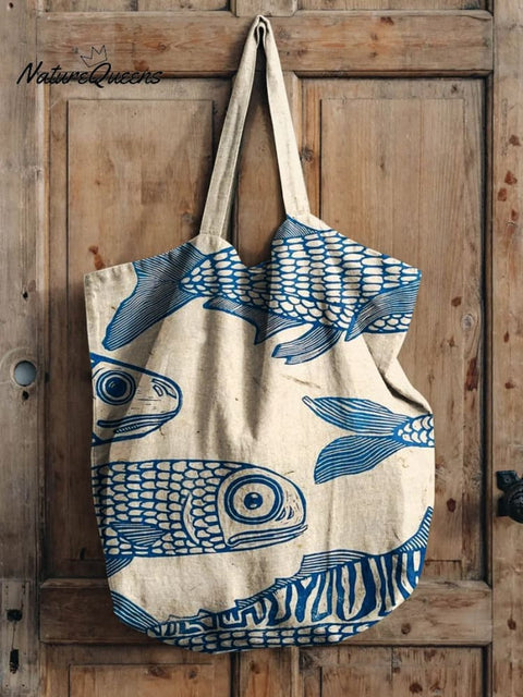Blue Minimalist Line Fish Print Linen Tote Bag