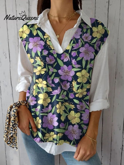 Retro Style Purple And Yellow Floral Pattern Printed Women's Versatile Knitted Vest