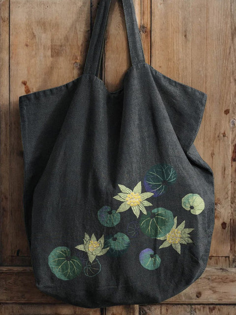 Japanese Style Lotus Floral Art Printed Linen Tote Bag