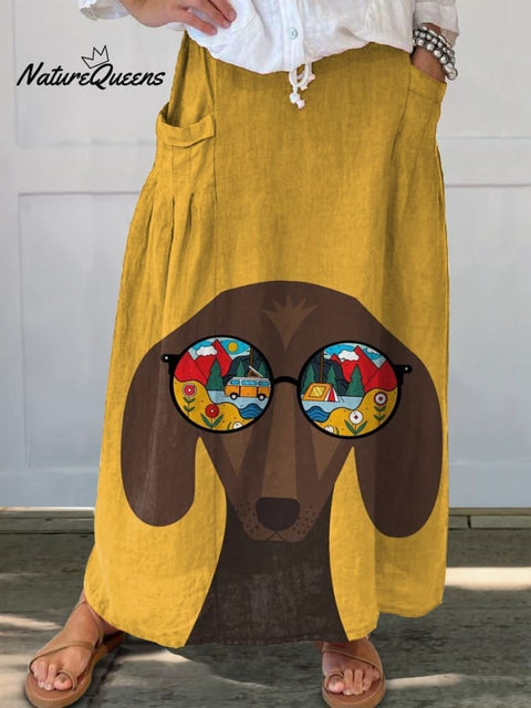 Women's Yellow Sunglasses Cartoon Puppy Print Linen Pocket Skirt