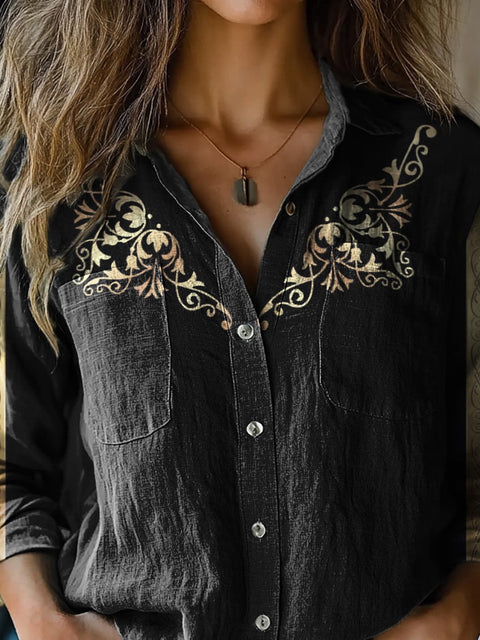 Elegant Ethnic Floral Art Printed Women's Casual Long Sleeve Comfortable Cotton Shirt