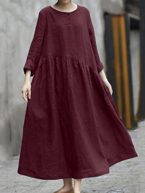 Women's Stylish Casual Loose Long Sleeve Solid Color Cotton And Linen Irregular Pocket Dress