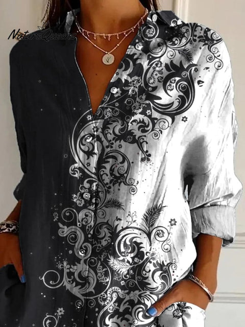 Black And White Elegant Floral And Vine Art Printed Women's Casual Cotton Shirt