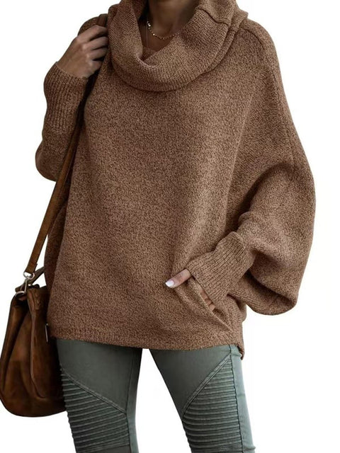Women's Stylish Casual Long Sleeve Pullover Solid Color Loose Turtleneck Knitted Sweater