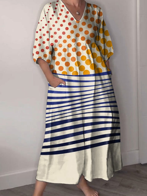 Bauhaus Style Geometric Dot And Wave Art Printed Women's Pocket V-Neck Cotton Dress
