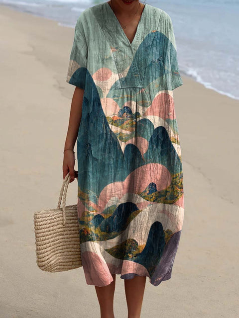 Beautiful Clouds and Mountains Landscape Decorative Pattern Flowy Dress
