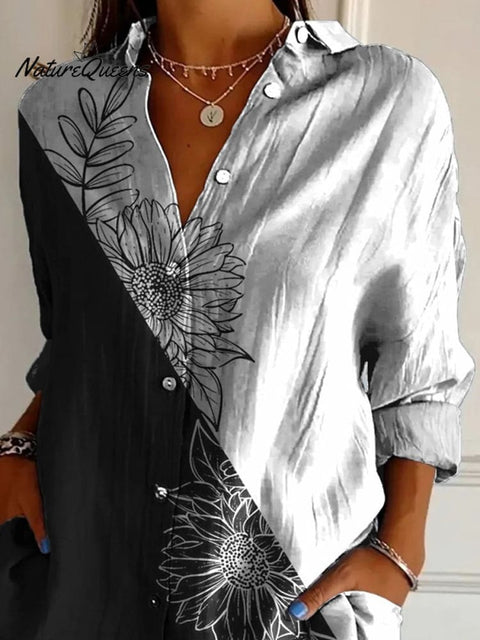 Black And White Sunflower Art Printed Women's Casual Cotton Shirt