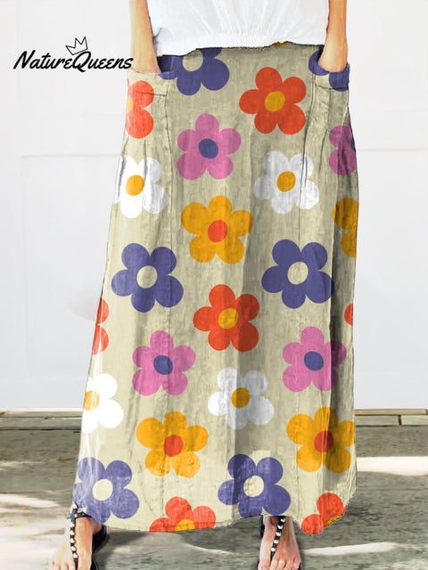 Cute Little Colored Flowers Print Women’s Linen Pocket Skirt Multicolor / S
